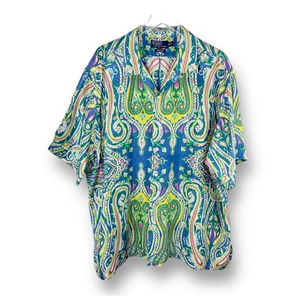 Polo Ralph Lauren Caldwell 100% Silk Shantung Blue Pink Paisley VTG Camp Shirt